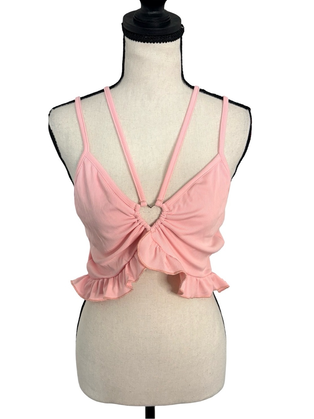 BNWT ROMWE Pink Ribbed Heart Ring Ruffle Crop Cami Top Plus Size 1XL